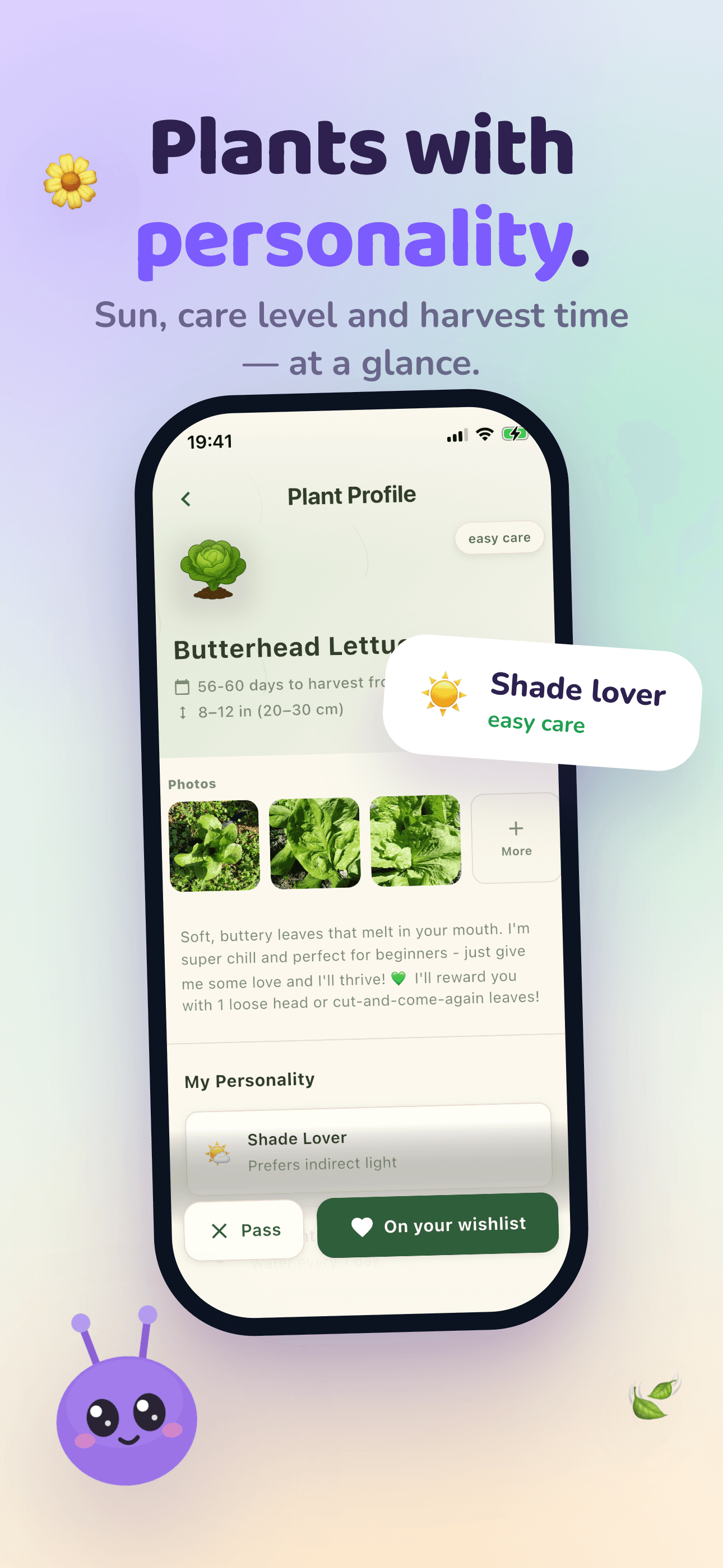 Plant profiles with sun, care level and harvest time